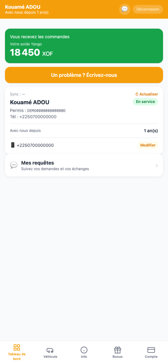 Tableau de bord de l'application Premium CAB