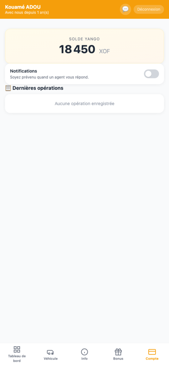 Écran du compte chauffeur